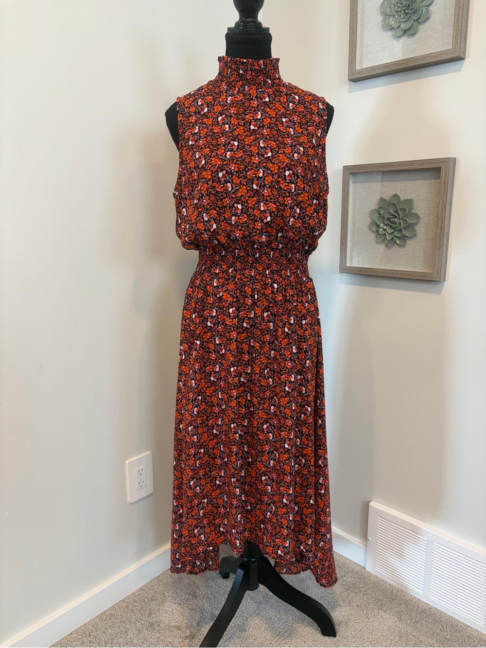 Nanette Lepore Floral Print High-Low Smocked Waist High Neck Maxi Dress EUC